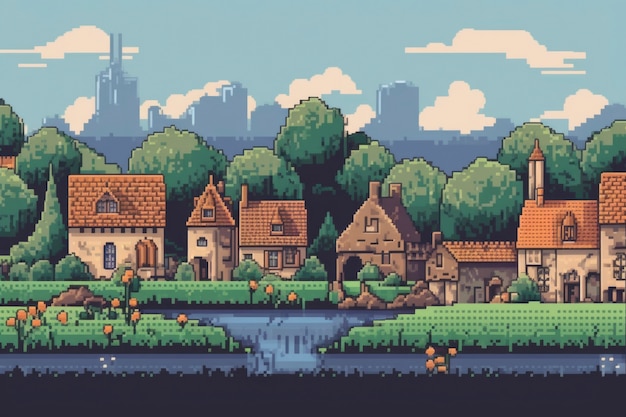 8-bit grafische pixelsscène met dorp