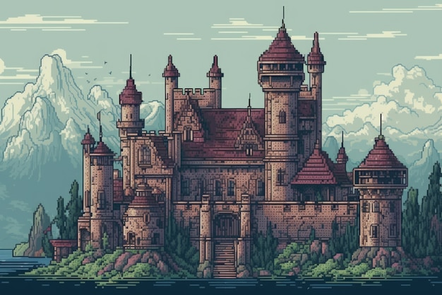 8-bit grafische pixelsscène met kasteel