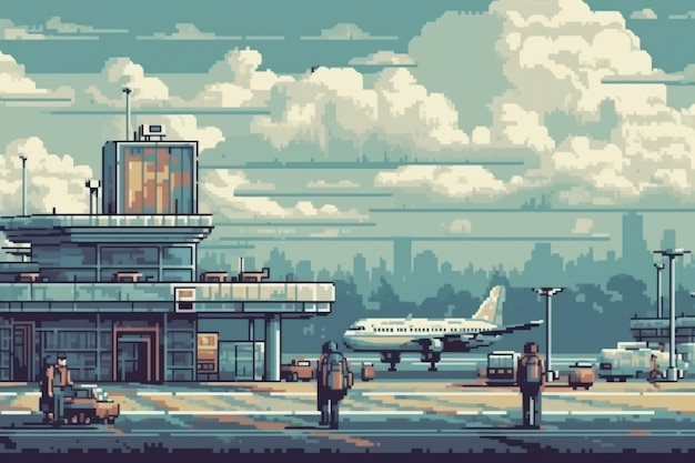 8-bit grafische pixelsscène met luchthaven