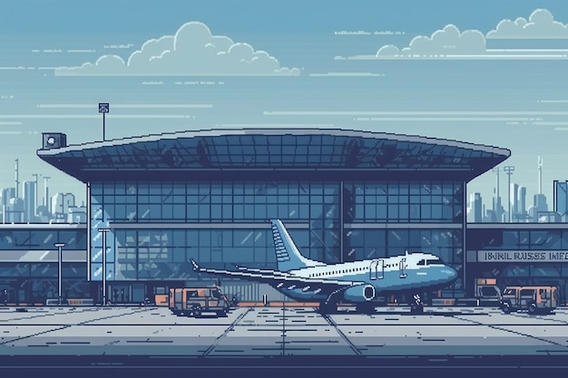 8-bit grafische pixelsscène met luchthaven
