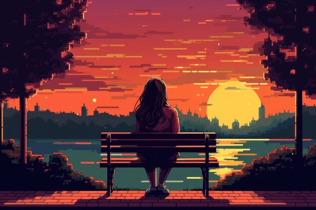 8-bit grafische pixelsscène met persoon en zonsondergang