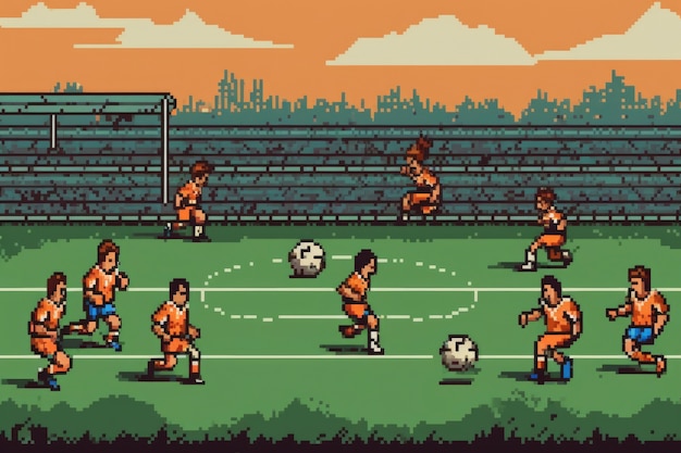 Gratis foto 8-bit grafische pixelsscène met voetballers