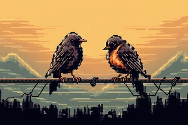 8-bit grafische pixelsscène met vogels