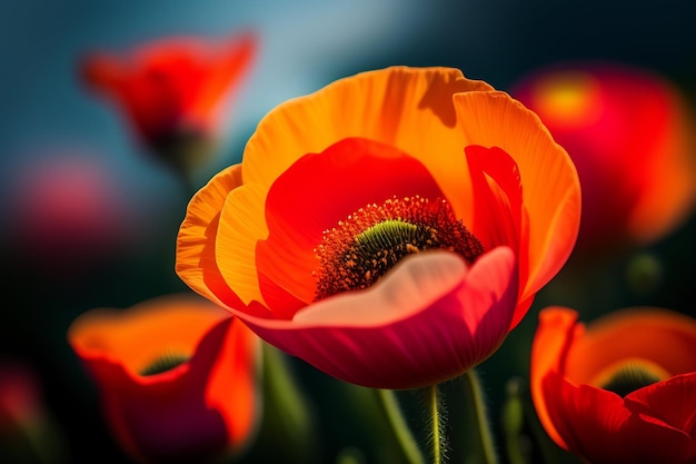 A close up van een oranje en gele bloem