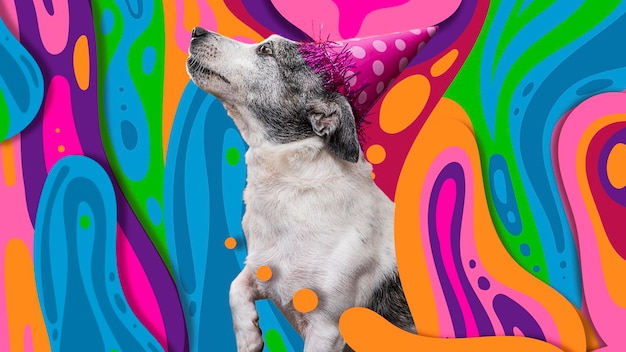 Aanbiddelijke hond met abstracte kleurrijke grafische achtergrond