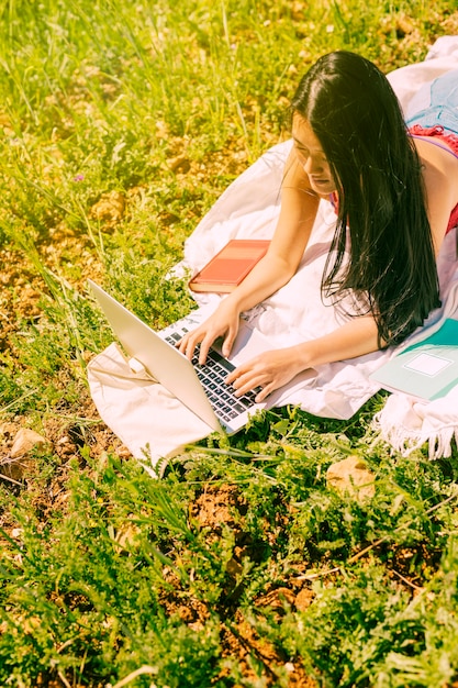 Aantrekkelijke etnische vrouwelijke met behulp van laptop in weide