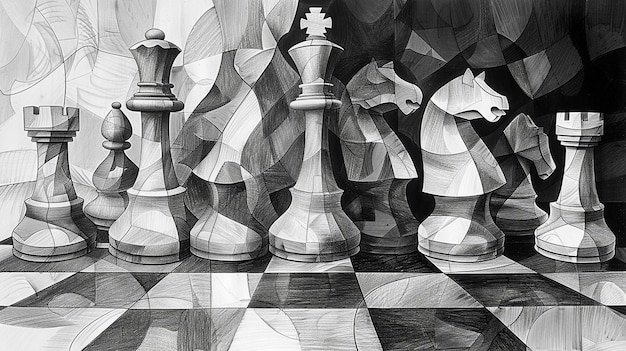 Abstracte schaakstukken in digitale kunststijl