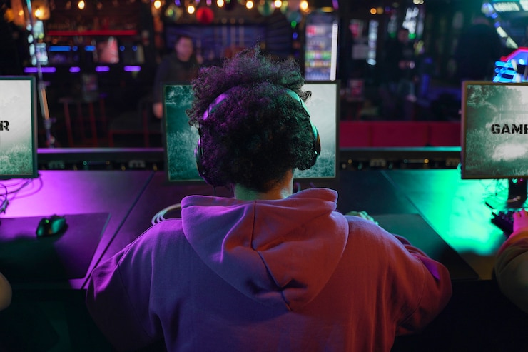 Gratis Foto achteraanzicht man die videogame speelt