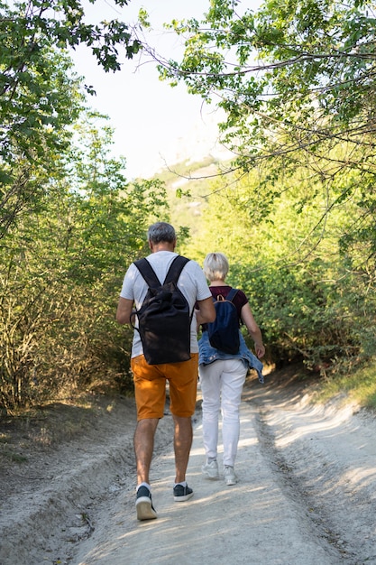 Gratis foto achteraanzicht mensen lopen op heuvel