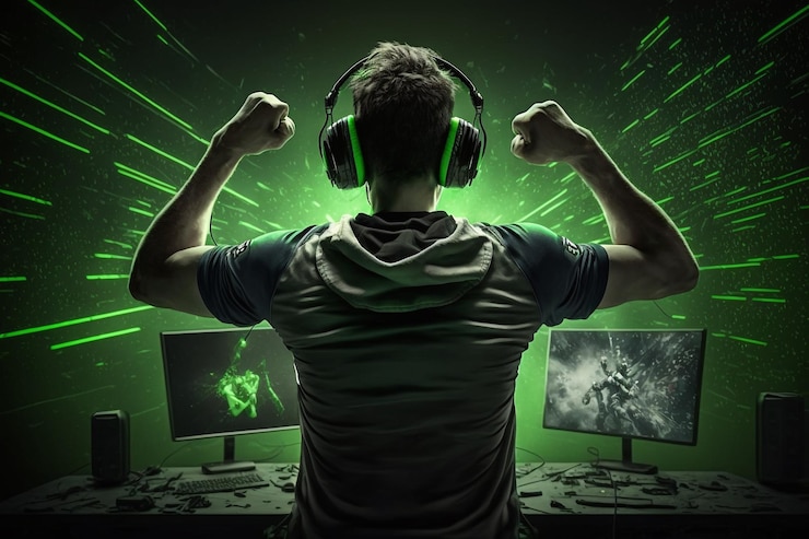 Gratis Foto achteraanzicht van de professionele esports-gamer verheugt zich over de overwinningsgeneratieve ai
