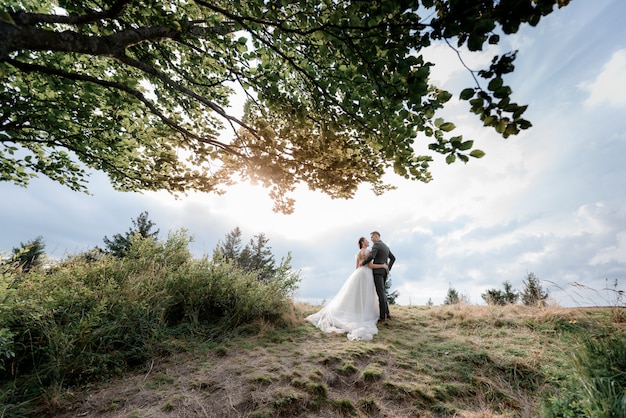 Achteraanzicht van een paar buiten op de warme zonnige dag met groen gras en bladeren