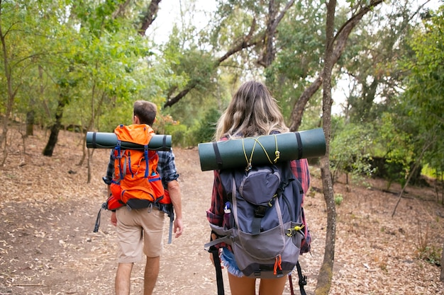 Achteraanzicht van jonge wandelaars wandelpad in bos. Reizigerspaar dat samen de natuur verkent, door bossen loopt en grote rugzakken draagt. Toerisme, avontuur en zomervakantie concept