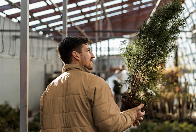 Achteraanzicht van man met kleine boom in pot op kwekerij