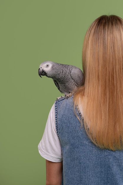 Gratis foto achteraanzicht vrouw met papegaai in studio