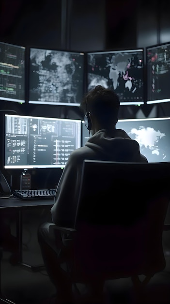 Gratis foto achtergrond van een jonge man die voor meerdere computerschermen zit in een donkere kamer