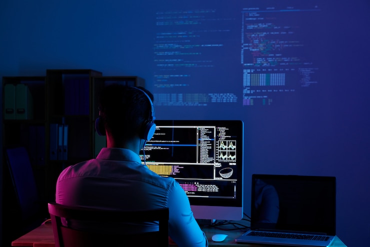 Gratis Foto achtergrondbeeld van een programmeur die de hele nacht werkt