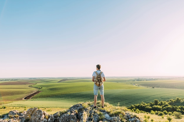 Achtermening van mannelijke wandelaar met rugzak die groen rollend landschap bekijken