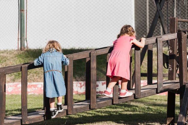 Achtermening van twee mooie meisjes die op promenade spelen