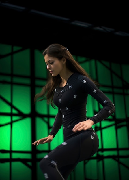 Gratis foto actrice die een film opneemt met een motion capture kostuum