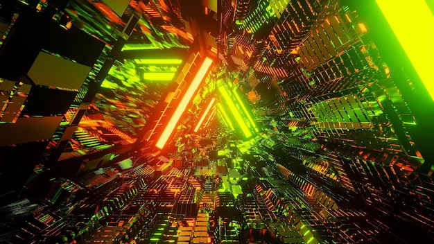 Adembenemende illustratie van een futuristische tunnel met neonlichten