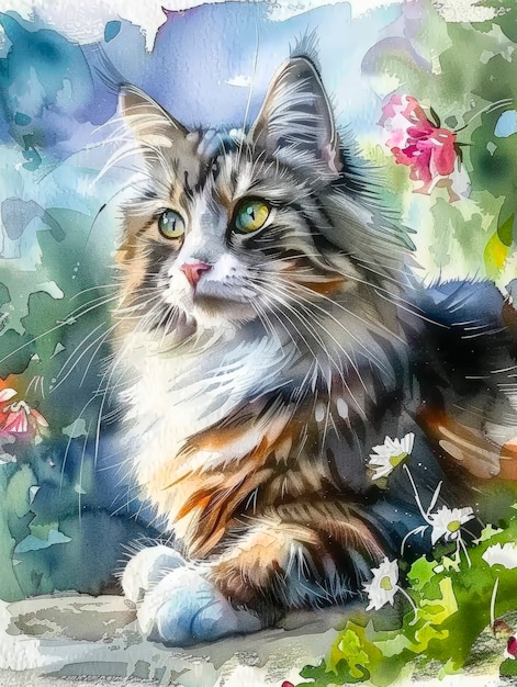 Gratis foto adorable watercolor cat illustration