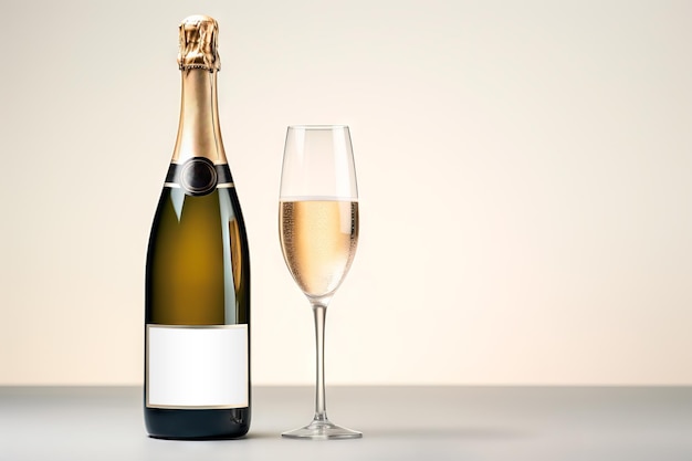 Afbeelding van een champagnefles met een blanco label en een vol glas op een witte achtergrond