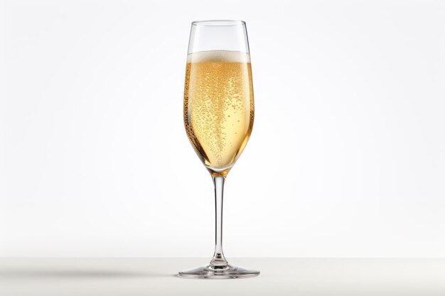 Afbeelding van een glas cava met bubbels op een witte achtergrond