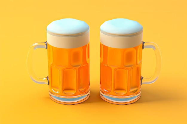 Gratis foto afbeelding van een paar 3d bierglazen op een gele achtergrond