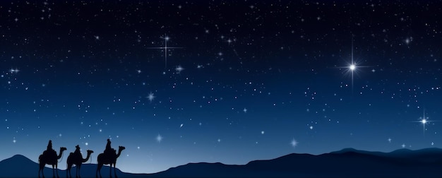 Gratis foto afbeelding van een scène met het silhouet van de drie wijzen op een sterrennacht woestijn achtergrond