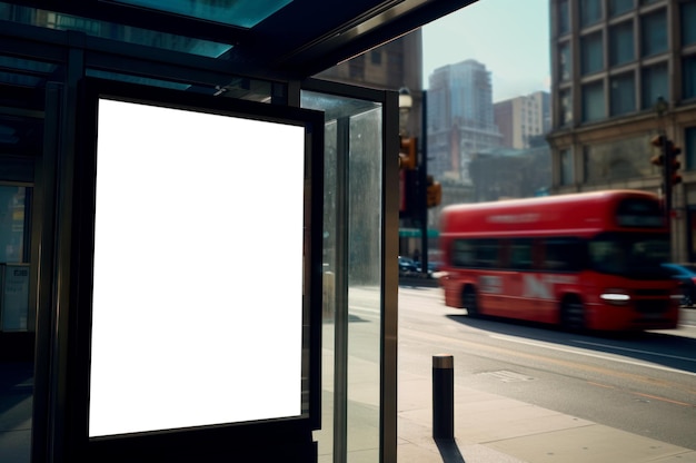 Gratis foto afbeelding van een witte reclameposter op een metalen baldakijn met een straat op de achtergrond