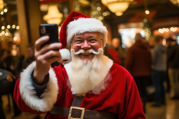 Gratis foto afbeelding van santa klauss die een foto maakt met zijn smartphone terwijl hij glimlacht op een markt