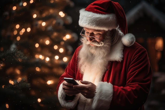 Gratis foto afbeelding van santa klauss die naar zijn smartphone in zijn hand kijkt met een kerstboom op de achtergrond