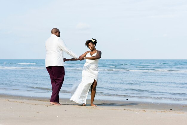 Afrikaans Amerikaans paar dat bij een eiland wordt gehuwd