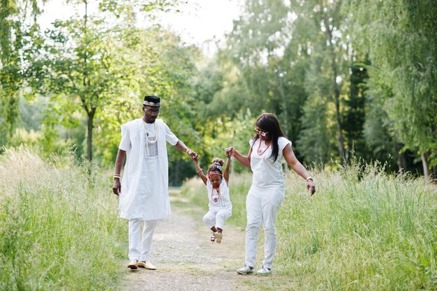 Afrikaanse Amerikaanse familie bij witte Nigeriaanse nationale kleding die pret hebben openlucht