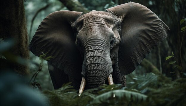 Afrikaanse olifant die in nat gras loopt en naar de camera kijkt die nauw is gegenereerd door AI