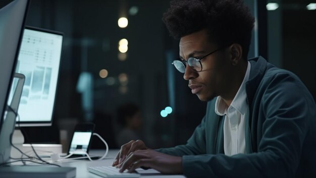 Afro-Amerikaanse man aan het werk op een computer gemaakt met generatieve AI-technologie