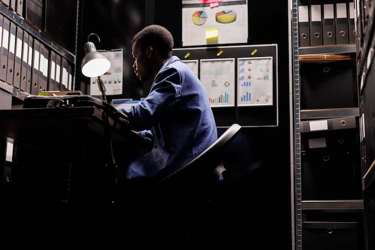 Gratis Foto afro-amerikaanse politieagent die laat in de nacht aan een misdaadzaak werkt, zit aan zijn bureau op het politiebureau. privédetective die criminele onderzoeksdossiers bekijkt, verdachte informatie analyseert
