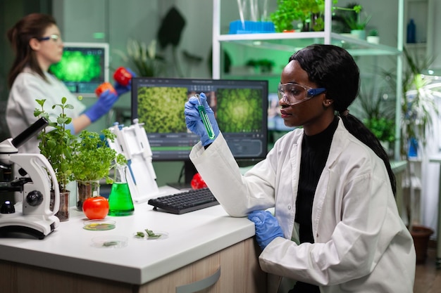 Afro-amerikaanse scheikundige onderzoeker met medische reageerbuis met ggo-oplossing die werkt bij biochemie-experiment in biochemisch ziekenhuislaboratorium. chemicus die genetisch gemodificeerde groene vloeistof analyseert