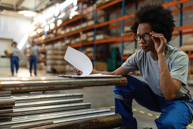 Afro-amerikaanse vrouw die door papierwerk gaat terwijl ze in een magazijn werkt