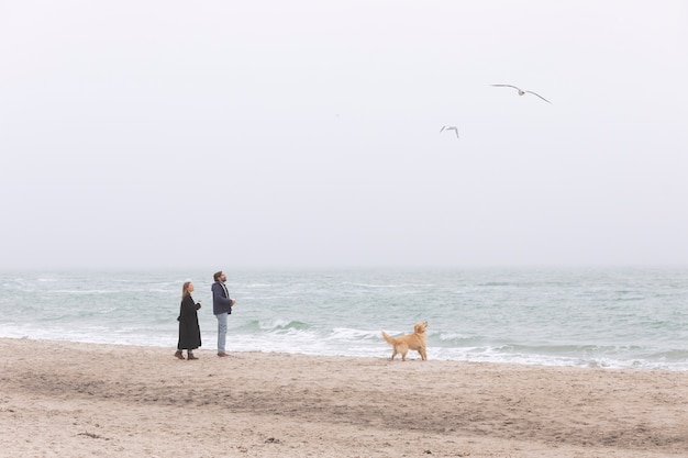 Afstandsschot paar met hond aan zee