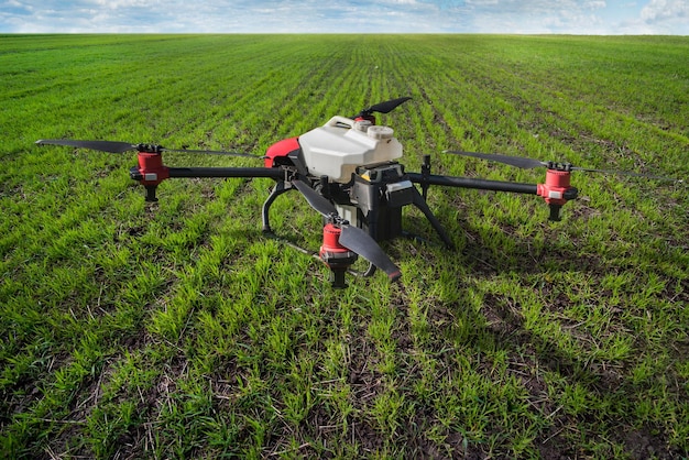 Agrodrone in een veld met rijen wintertarwespruiten, het concept van moderne landbouw