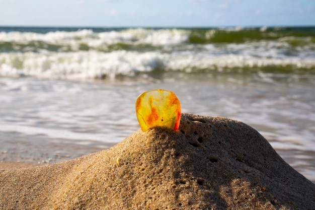 Amber op een zandstrand een stuk transparant mineraal zonnesteen tegen de achtergrond van de zee