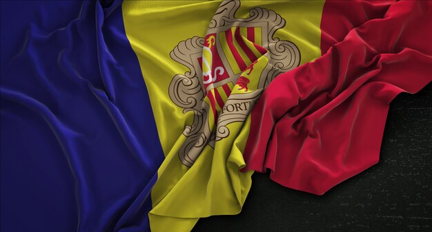 Andorra Vlag Gerimpelde Op Donkere Achtergrond 3D Render