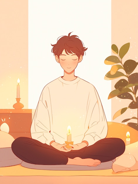 Anime-achtig personage mediteert en overweegt mindfulness