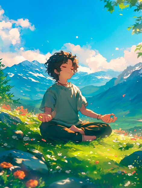 Anime-achtig personage mediteert en overweegt mindfulness