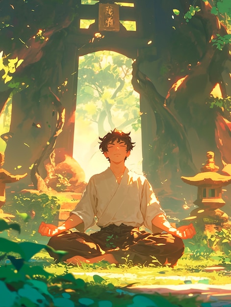 Anime-achtig personage mediteert en overweegt mindfulness