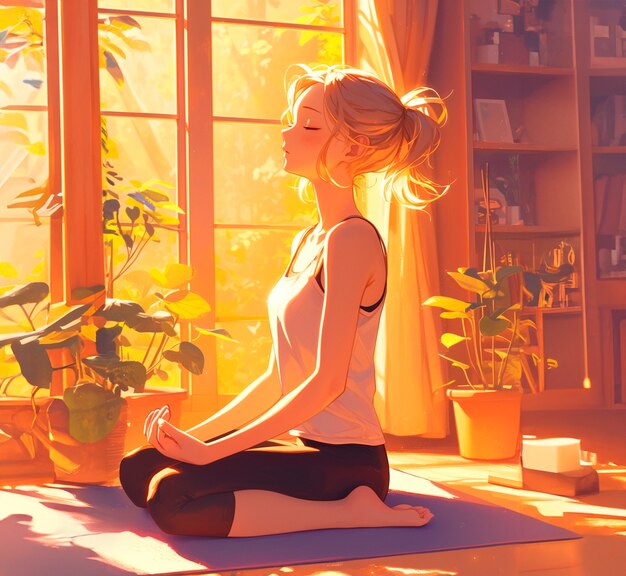 Anime-achtig personage mediteert en overweegt mindfulness