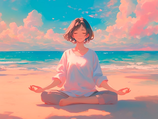 Anime-achtig personage mediteert en overweegt mindfulness