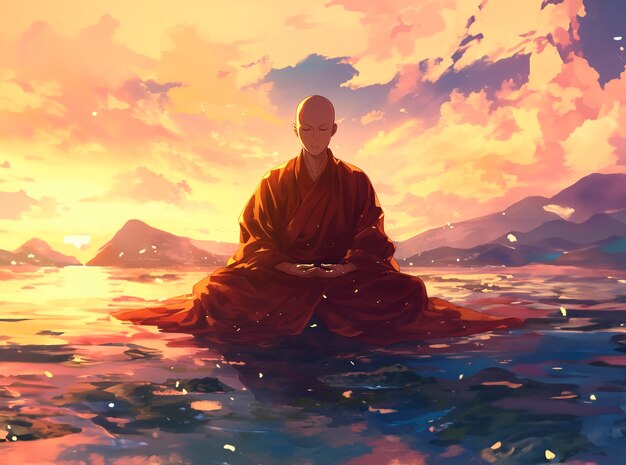 Anime-achtig personage mediteert en overweegt mindfulness