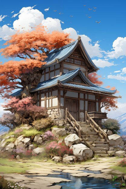 Anime-illustratie van een landhuis